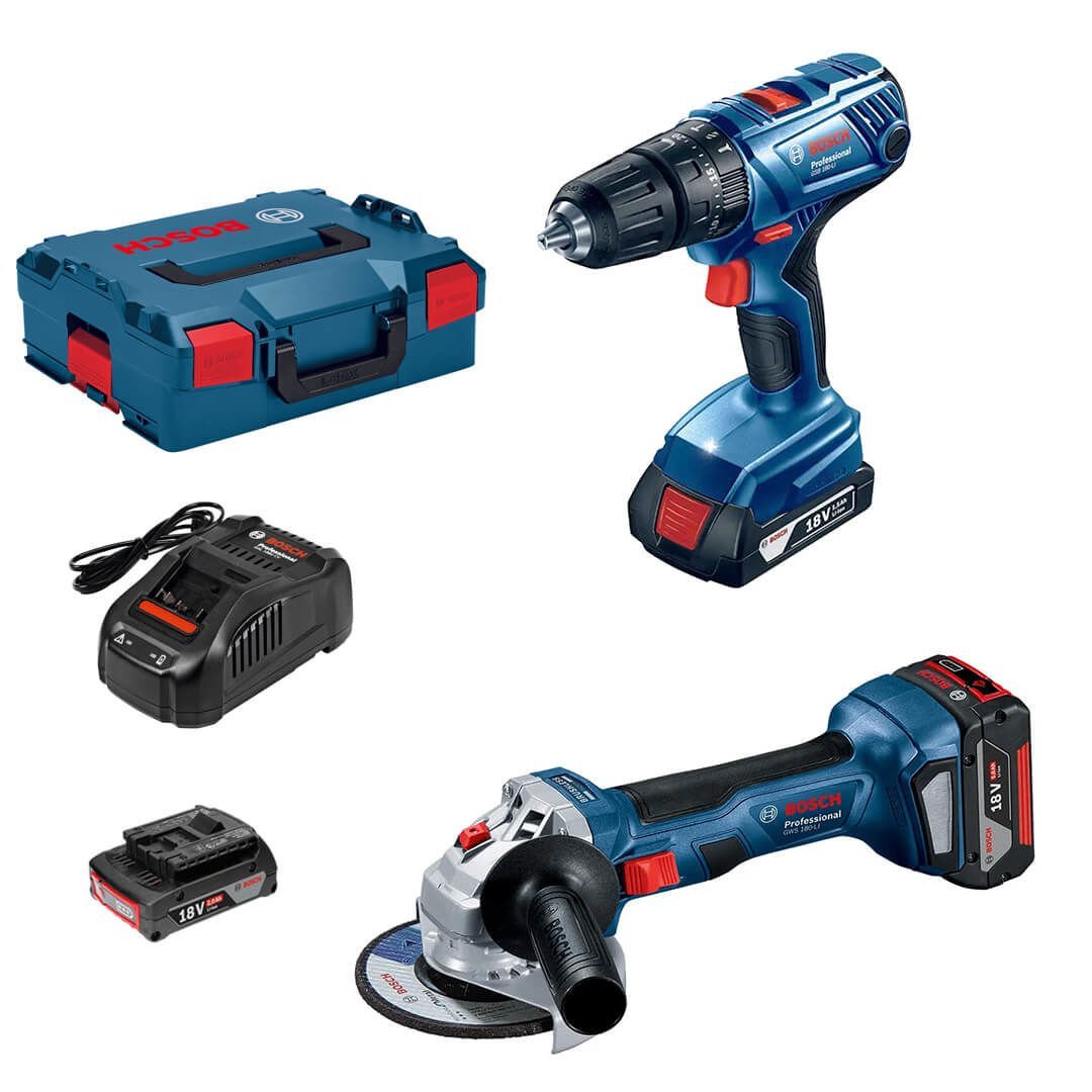 Bosch Professional GWS 180-LI + GSB 180-LI  2x 2.0AH Akülü Taşlama ve  Darbeli Delme Vidalama Makine Seti